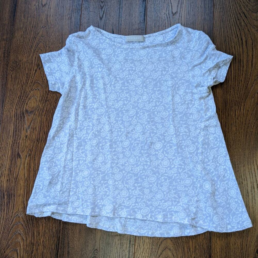 Stefanel Floral Design White Gray Linen Short Sleeve L